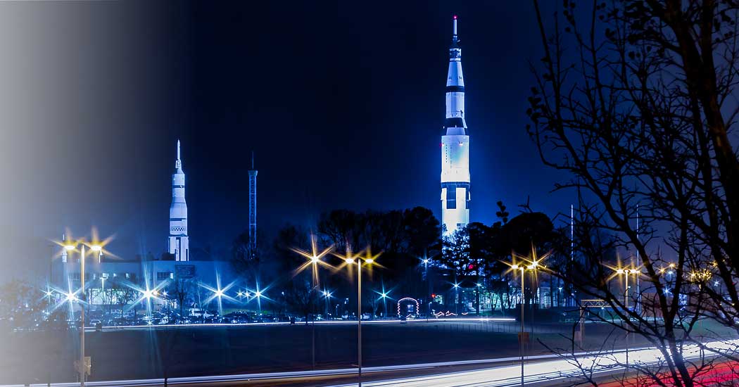 Rocket Center in Huntsville Alabama at night.
